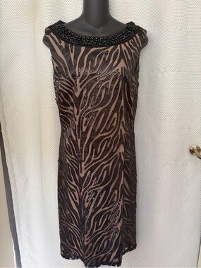 Sleeveless Beaded Zebra-Pattern Sheath Dress in Black and Nude